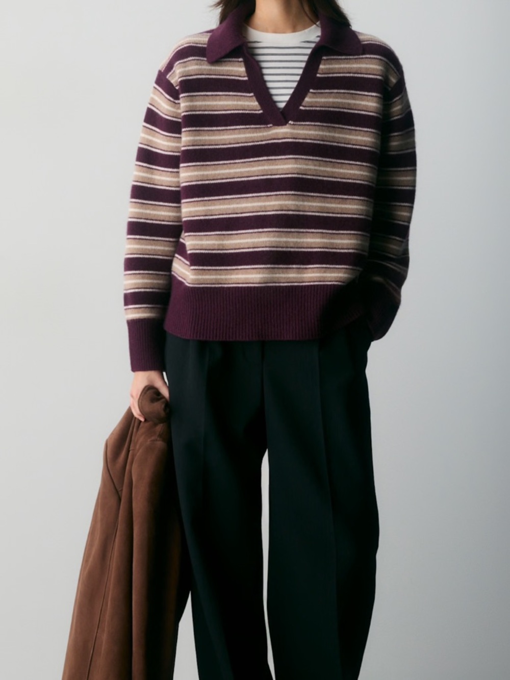 Aritzia Plush Cashmere Striped Polo Sweater in Plum and Cream - Picture 5 of 7